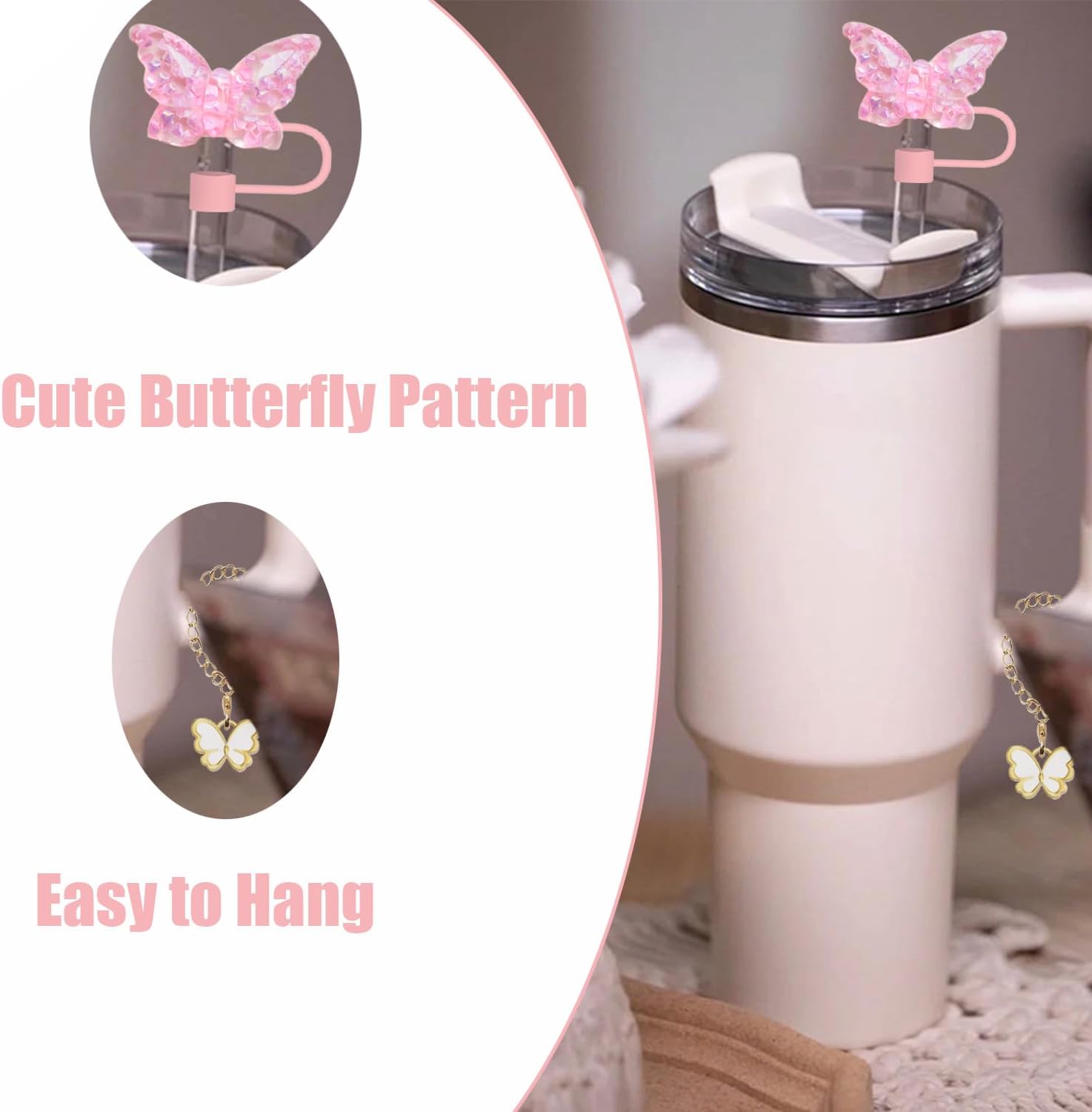 3 Pieces Accessories for Stanley Cup，Butterfly Chain for Stumbler with Handle, Silicone Boot and Straw covers Stuff Decor Water Bottle Jewelry Tumbler Personalized Decorations Tag (Pink) image 5