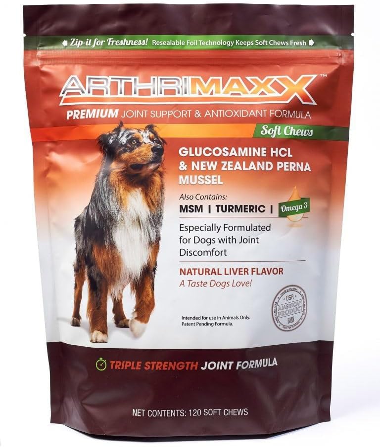 Dog Supplements for Joint Inflammation & Arthritis, Naturally Potent Dog Joint Care, Delicious Soft Chews with Turmeric, Omega 3, & Glucosamine for Dogs, Natural Liver Flavor, 120 Pc