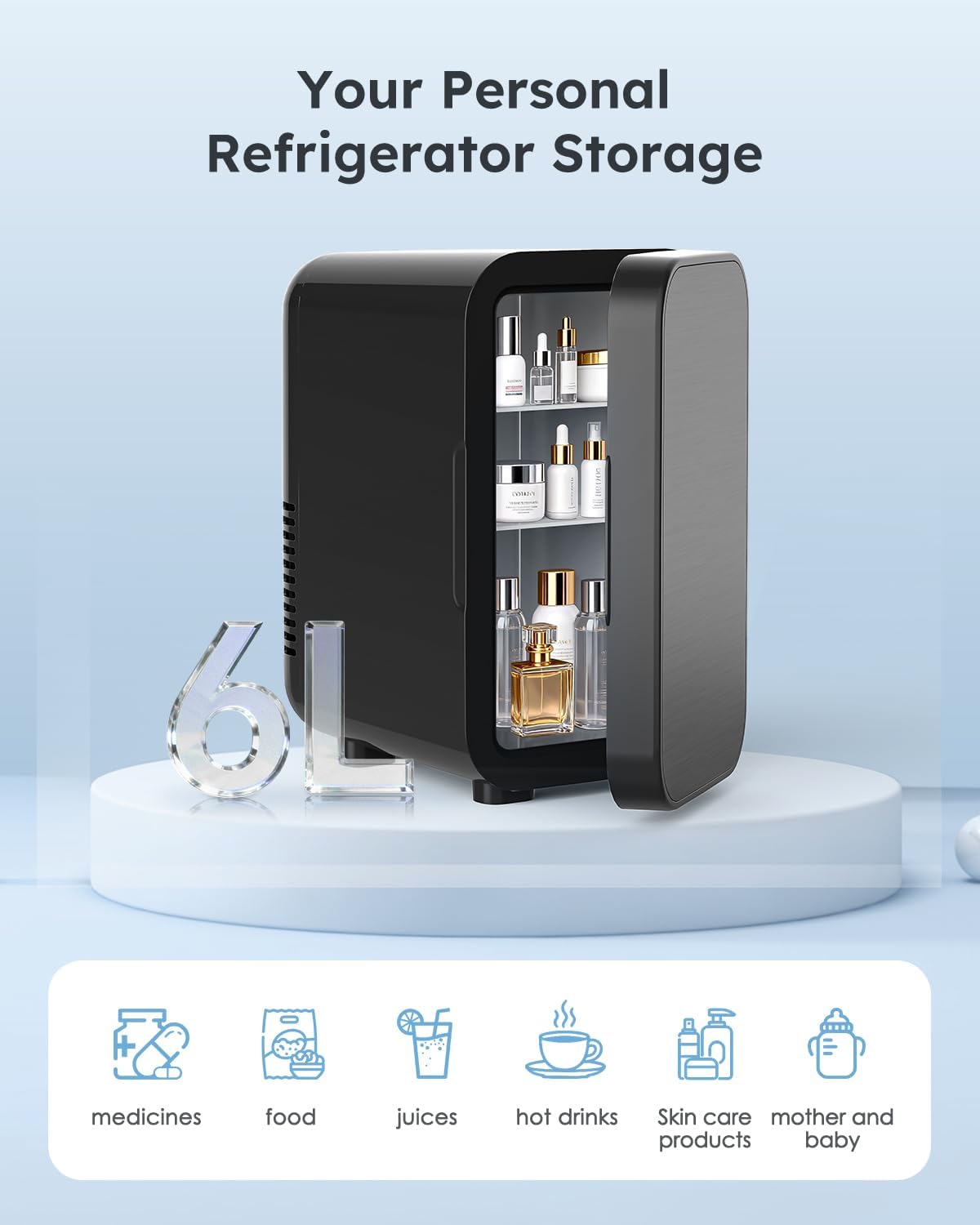 Skincare Fridge with Glass Panel, 6L Mini Fridge for Home/Car, AC/DC Portable Thermoelectric Cooler and Warmer, Makeup Mini Compact Refrigerator for Skincare Cosmetics Food Drinks (Black)