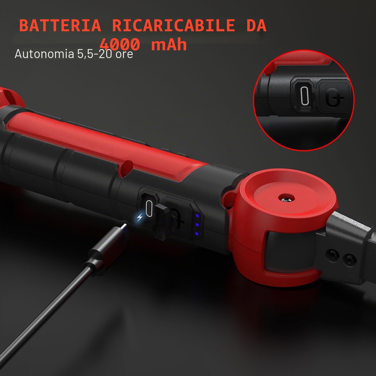 Lampada LED da officina 4000 mAh, torcia girevole 120°, 3 modalità, COB per riparazione auto, ispezione garage, emergenza
