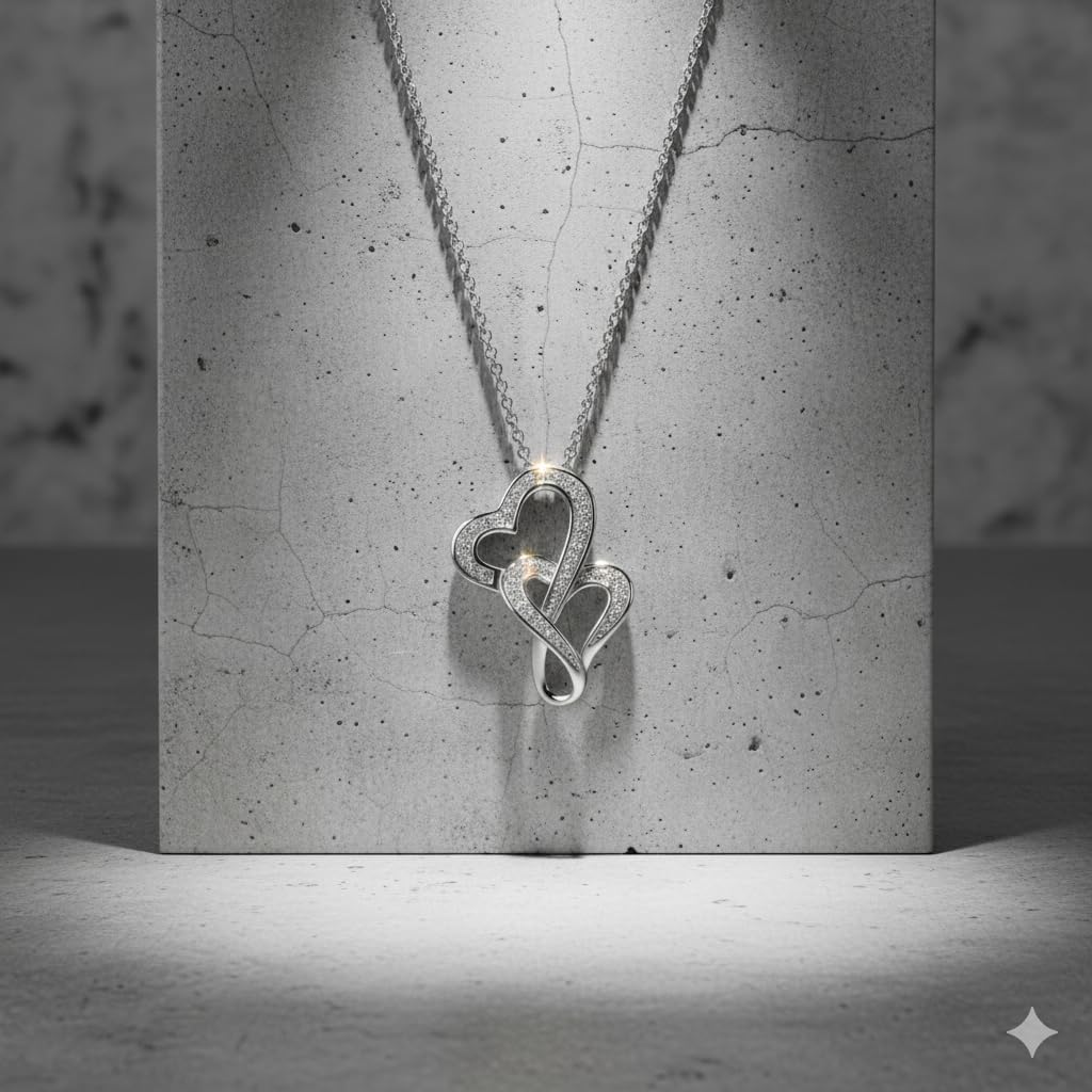 Jewelili Double Heart Necklace Pendant with Natural White Round Diamonds in Sterling Silver or Yellow Gold over Sterling Silver 18 inch Rolo Chain