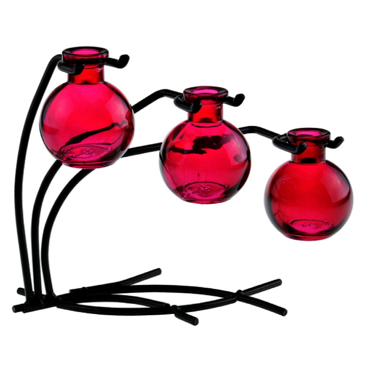 Colorful Glass Floral, Bud or Rooting 3 Ball Vase Set with Stand - G109F Red Vase ~ Use as Flower, Bud, Plant Starter Vase.
