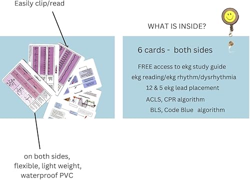 Miniatura 3 de Juego de 6 tarjetas de referencia para enfermera y PDF gratuito (PDF) - BLS, RCP, ACLS, ritmo de 18 ECG, código azul, lectura cardíaca, 12 ECG - ER,