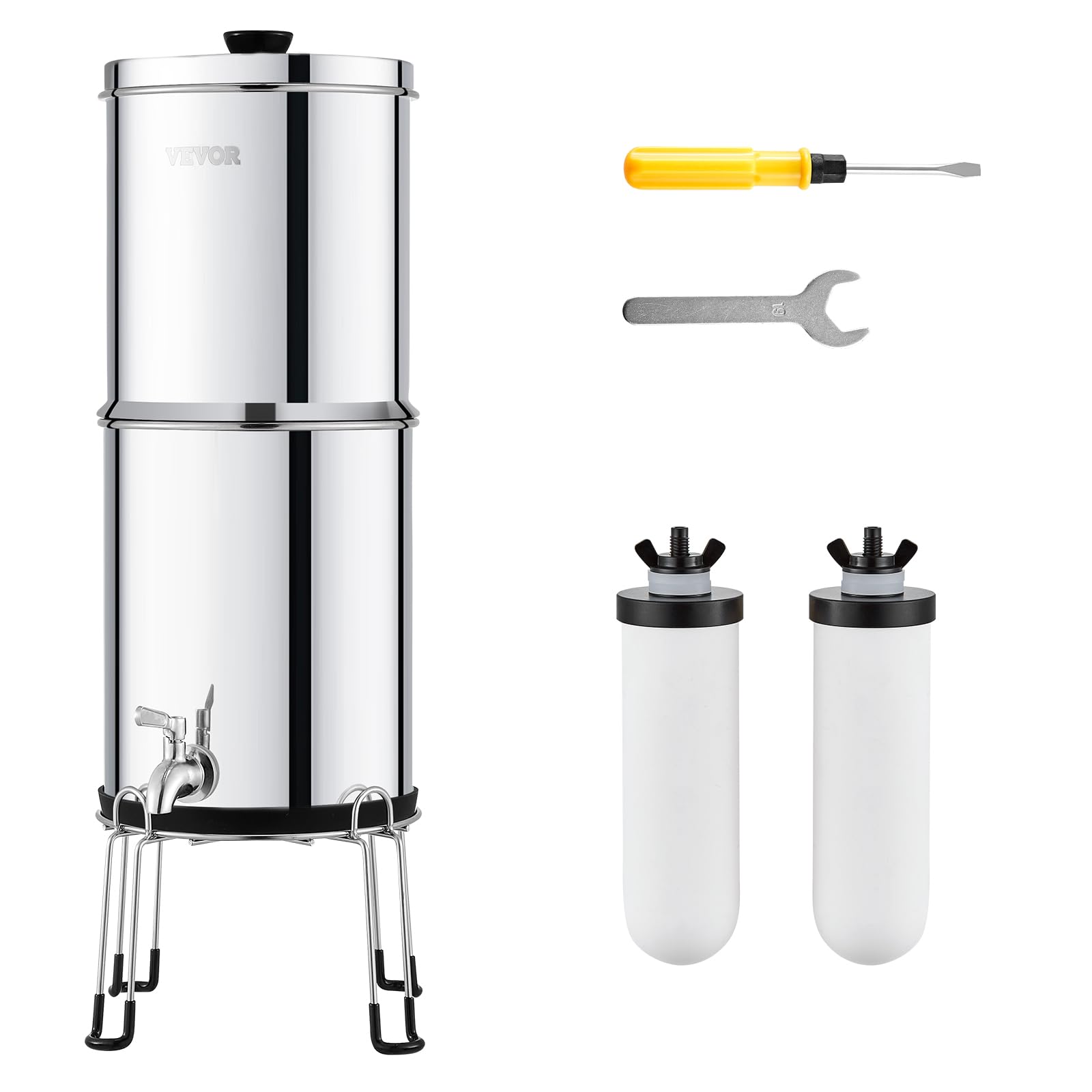 VEVOR Sistema de Filtración de Agua por Gravedad 8,5 L Acero Inoxidable 304 Filtro de Agua por Gravedad Reducción de Plomo y hasta 99% de Cloro con Filtros de Carbón y Cerámica, Grifo y Soporte