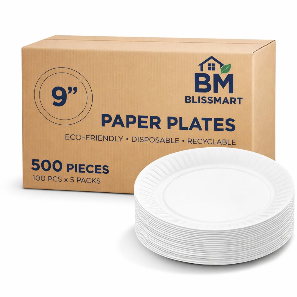 BLISSMART 500 Paper Plates 9 Inch 23cm White Heavy Duty Disposable Paper Plates Strong Party Plates for BBQ Picnic Buffet Events Catering and Everyday Use Pack of 500