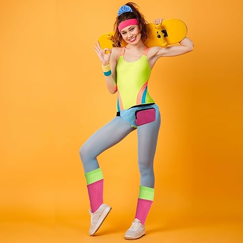 Miniatura 3 de YAROMO Conjunto de disfraz de neón de los años 80, calentadores de piernas de los años 80 y 90, diadema de yoga, cangurera para mujer