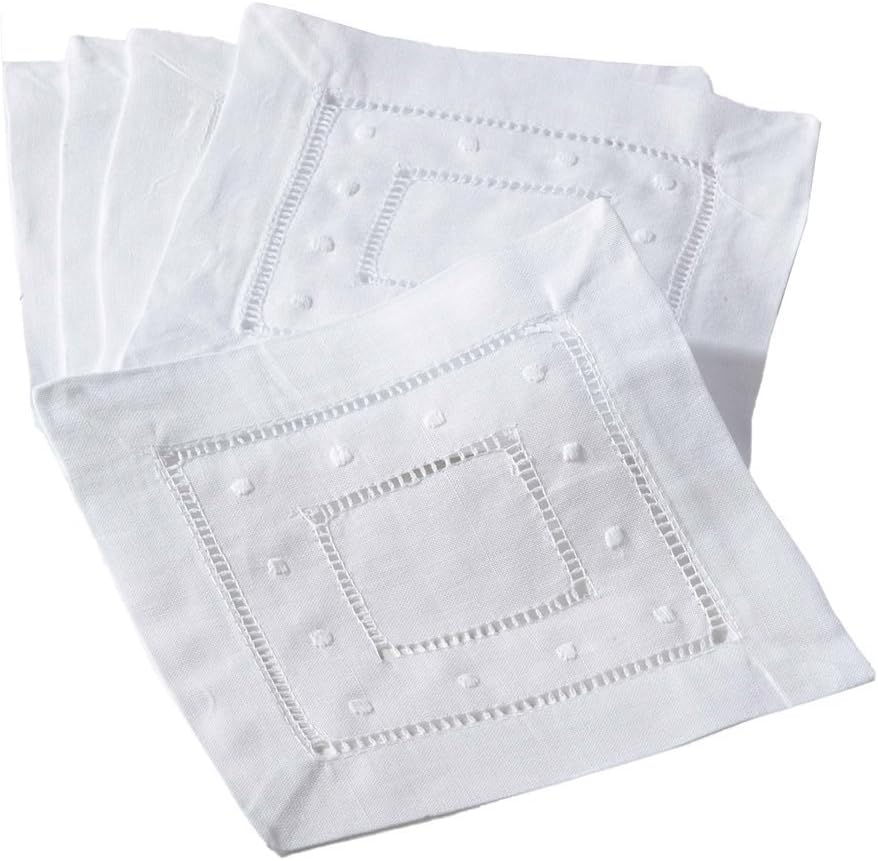 Fennco Styles Hand Hemstitched and Embroidered Swiss Dot Coasters Cocktail Napkins. White Color. 6" Square. Set of 4.