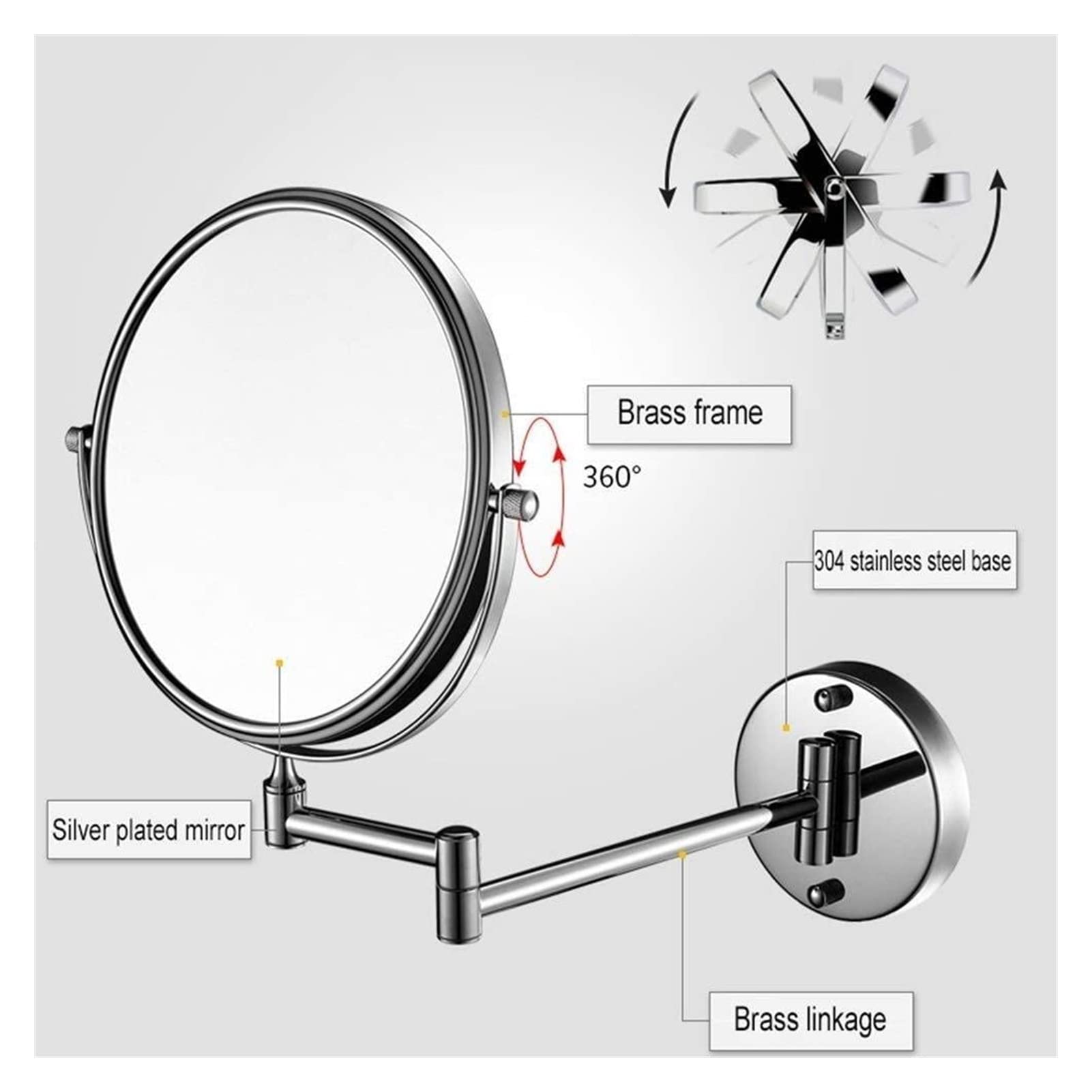 Specchio cosmetico per Trucco Specchio per Trucco da 8 Pollici in Rame Specchio per Trucco a Parete Specchio ingranditore da Bagno 5 Volte