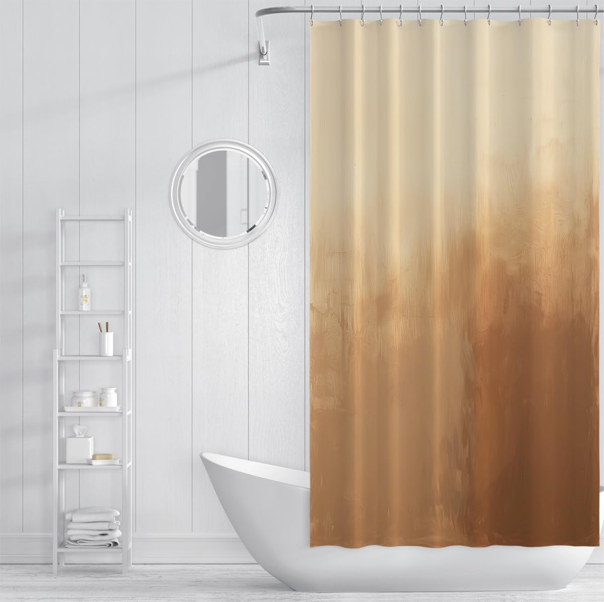 Minimalistischer neutraler Erdton Badezimmer-Duschvorhang Aquarell-Wash-Effekt Kaffeebrauner Ombre-Muster Stoff-Badewannenvorhang mit Haken 180 x 180 cm