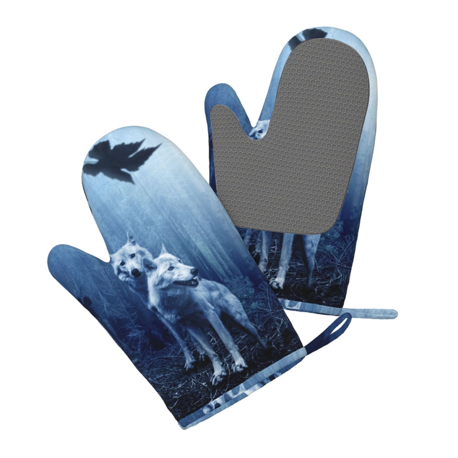 Silicone Oven Mitts Set 2PCS, Wolf in The Wild Printed Heat Resistant Non-Slip Silicone Oven Gloves for Kitchen Cooking Baking Microwave