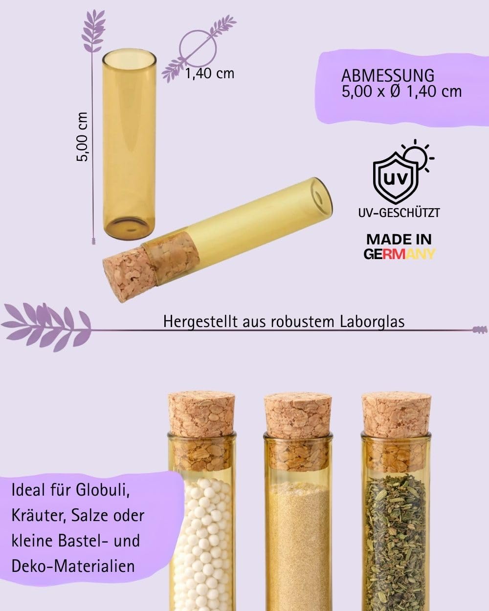 288 Stück Flachbodengläser | 50mm x Ø14mm | Globuligläser | UV-Schutz braune Laborgläser | Laborgefäß Braunglas| Reagenzglas stehend mit Natur Korkstopfen