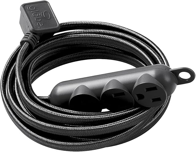 Black 12ft Fabric Extension Cord with 3 Outlets, Multi Outlet with Multiple Outlets, 3 Pin Plug Extender, 16 AWG Indoor Extension Cord, ETL Certified with Hanging Hook