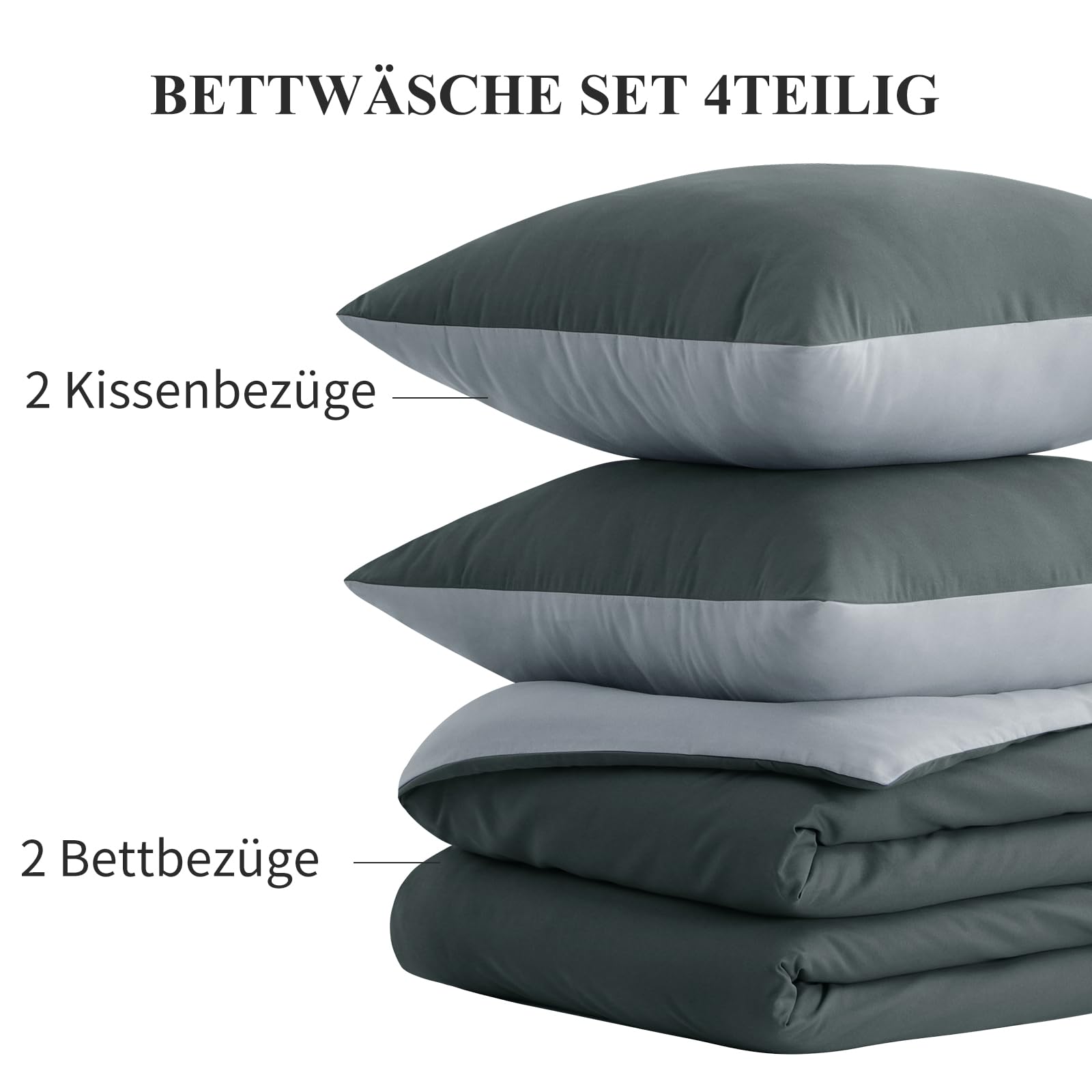 Aisbo Bettwäsche 135x200 4teilig Anthrazit Grau - Bettwäsche Sets 2 Bettbezüge 135x200 cm + 2 Kissenbezüge 80x80 cm, ÖKO-TEX Wendebettwäsche Weich Mikrofaser mit Reißverschluss