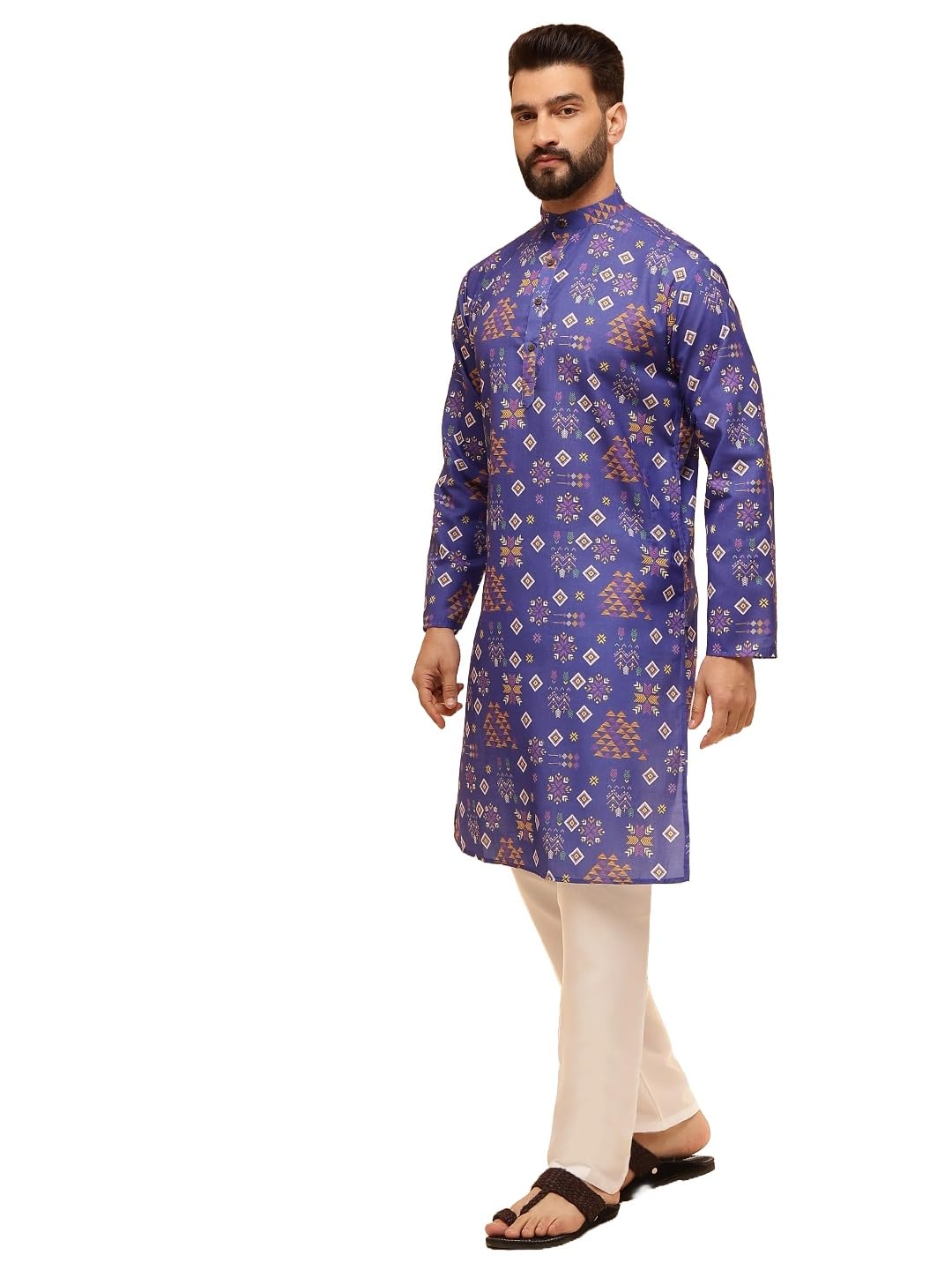 Sojanya (Since 1958 Men's Cotton Linen Ethnic Motifs Printed Blue Kurta With White Pyjama