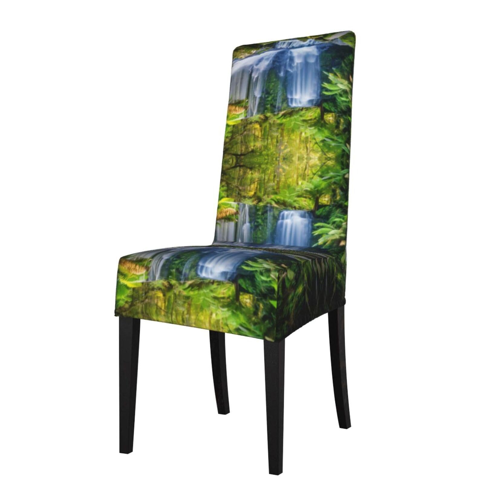 YYHWHJDE Green Tropical Plants And Waterfall Prints Dining Chair Throw Covers – Stretchable Polyester Blend Protects Your Chairs with Easy Style & Easy Care