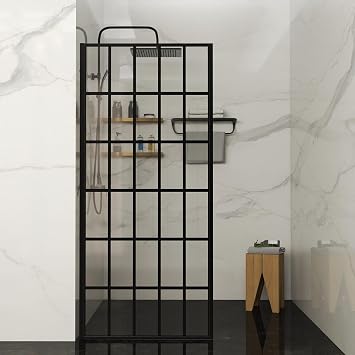 34" W x 72" Grid Pattern Fixed Shower Door 8mm Tempered Glass Framed Shower Screen Panel Walk-in Bathroom Glass Door Open Entry Reversible Installation Aluminum Alloy Frame