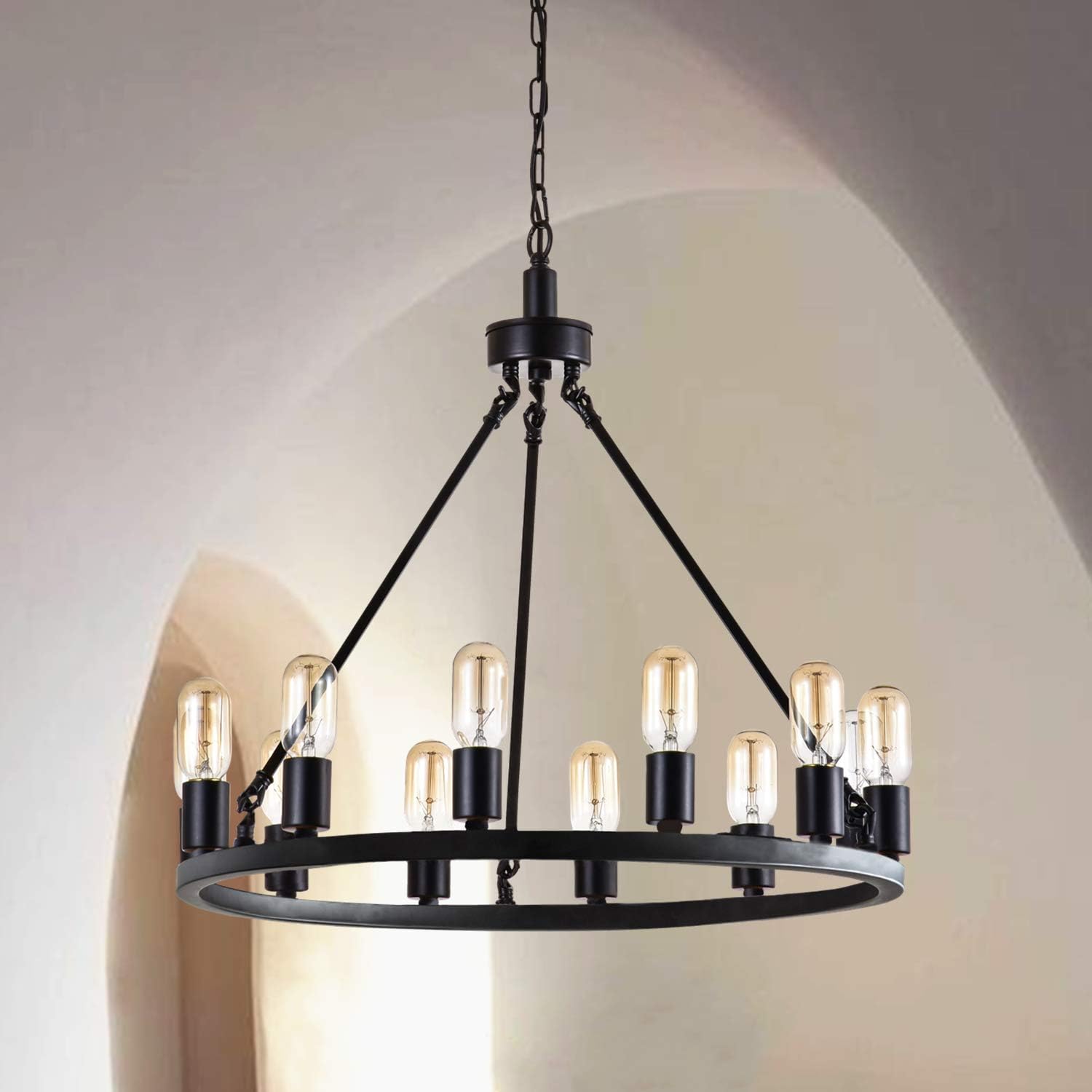 Maxax 24.2" Wagon Wheel Chandeliers, 12-Lights Black Farmhouse Chandeliers Large Rustic Light Fixture Black Round Industrial Hanging Lighting for Living Room, Dining Room, Hallway, Foyer
