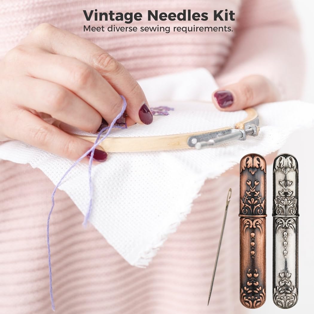 Vintage Nadelset, 2 Stk. Nadelhalter mit 48 selbstfädelnden Nadeln, Nadelaufbewahrungsdose aus Edelstahl, Nähnadeln für Stickerei, Kreuzstich und DIY-Bastelarbeiten
