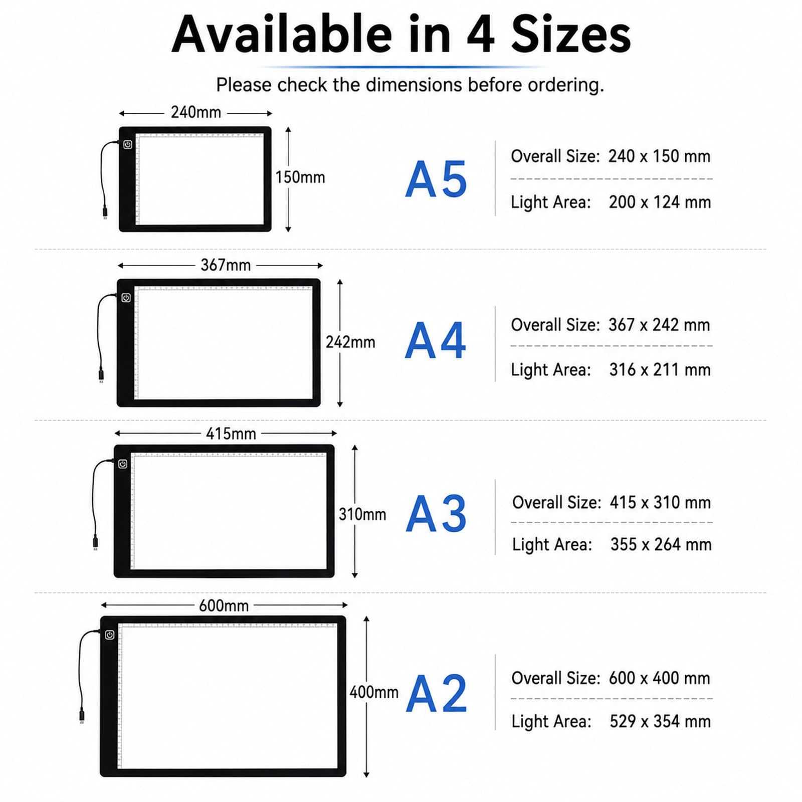 Tablette lumineuse LED A5 24 x 15 cm rechargeable pour dessin et calque