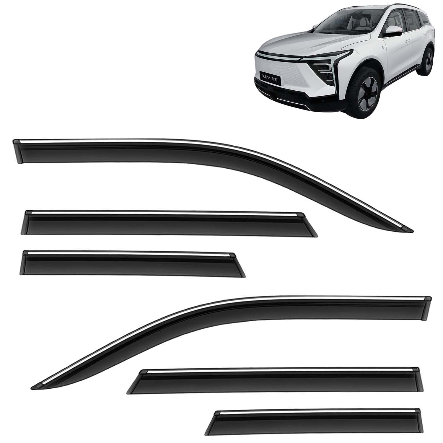 KINGSWAY Accessories Chrome Lining Door Visor Only Compatible with Mahindra XEV 9S (Year 2026 Onwards) All Model, Premium Chromeline Unbreakable Car Rain Guard Side Rear Wind Deflectors, Set of 6 Pcs-image-2