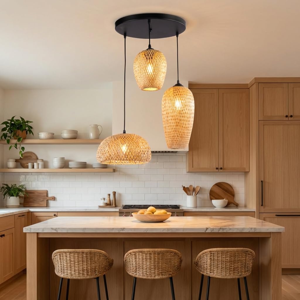 BARCELONA LED Lámpara Colgante Triple de Mimbre y Bambú Natural Base Metálica Negra, Estilo Nórdico y Japonés, 3xE27, Iluminación Cálida para Salón, Comedor o Restaurante