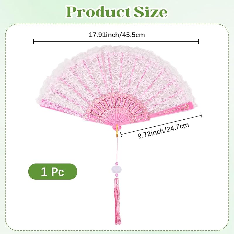 Evantai pliabil CREATCABIN cu dantelă roz brodată, pentru dans Lolita, decor de nuntă, 247 x 455 x 20 mm