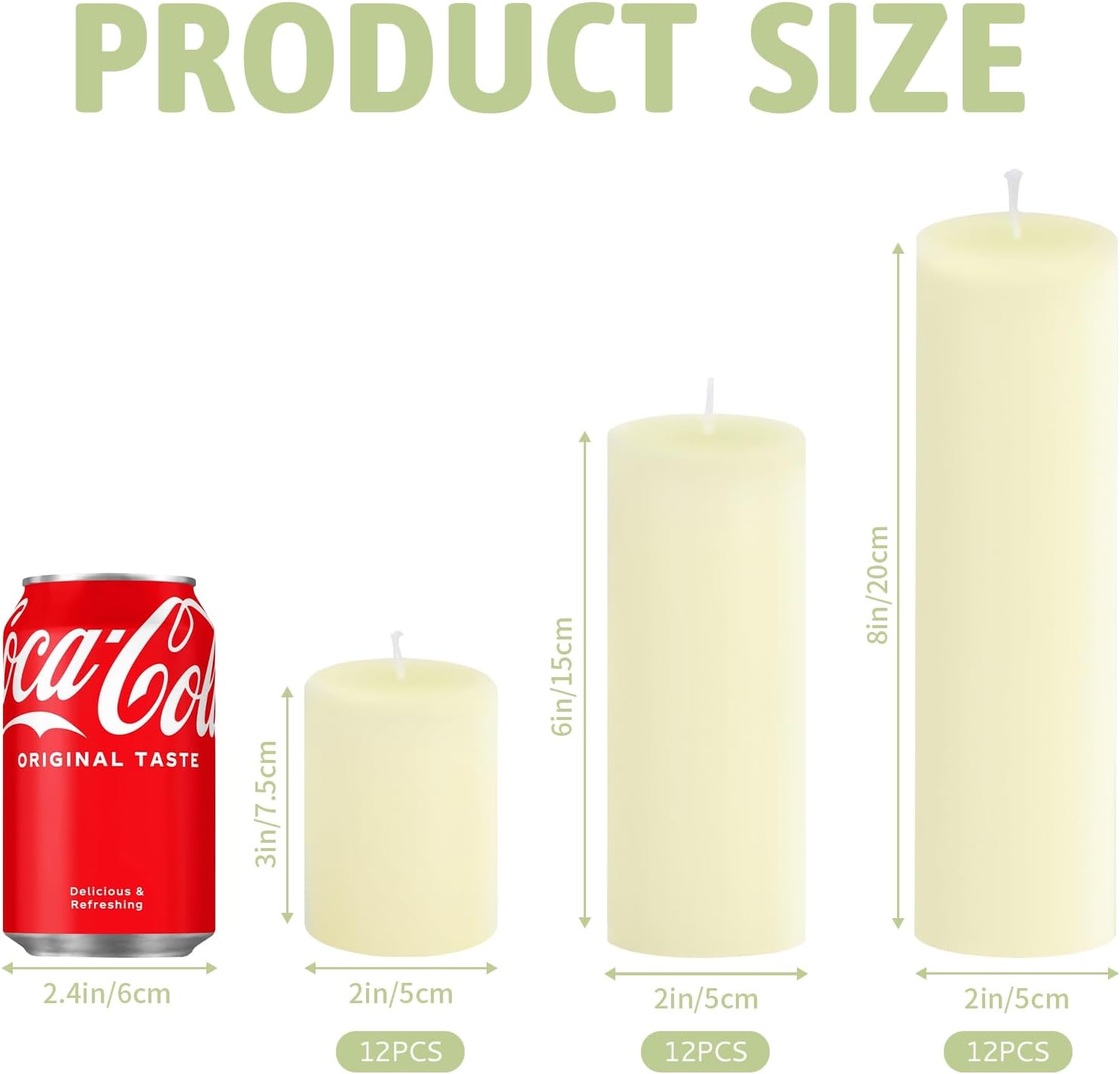 36 pack ivory pillar candles bulk set, 2x3 2x6 2x8 inch - 12 each size, dripless smokeless clean burning for wedding centerpieces, home decor, church, romantic ambiance? 36 ivory flat-top 2 x 3/6/8 inch
