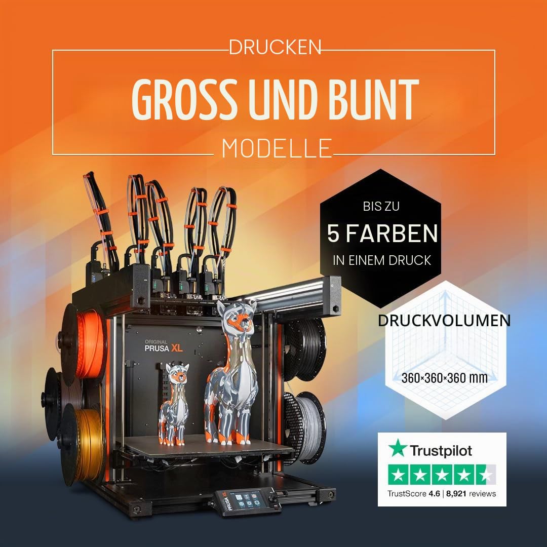 ORIGINAL PRUSA XL zusammengebaut | 5 Druckköpfe | CoreXY 3D-Drucker | 36×36×36 cm Druckvolumen | Inkl. satiniertes Blech & 1 kg Schwarze Prusament PLA Spule