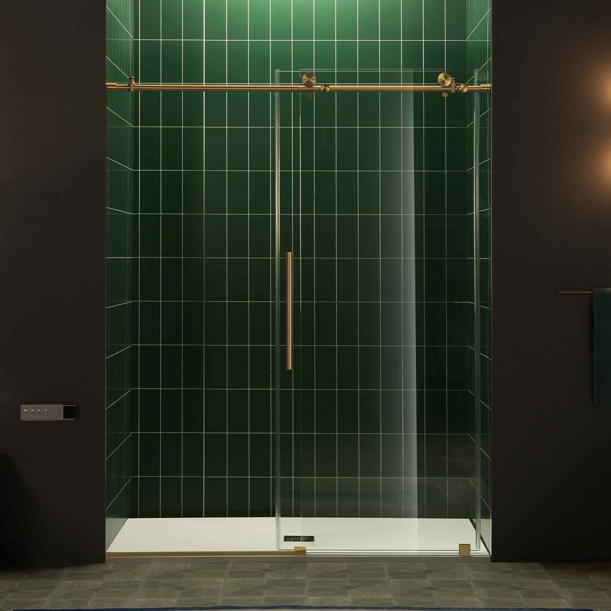 Photo 1 of Woodbridge 56-60" W x 80" H Frameless Single Sliding Shower Door with Tempered Glass & Explosion Proof Film in Brushed Gold Finish