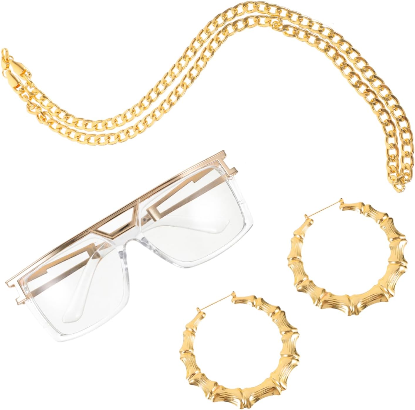 BESPORTBLE Hip Hop Costume Kit 90s Accessories Set Retro Costume Props Necklace Bracelet Sunglasses Fashion Show Accessories Golden