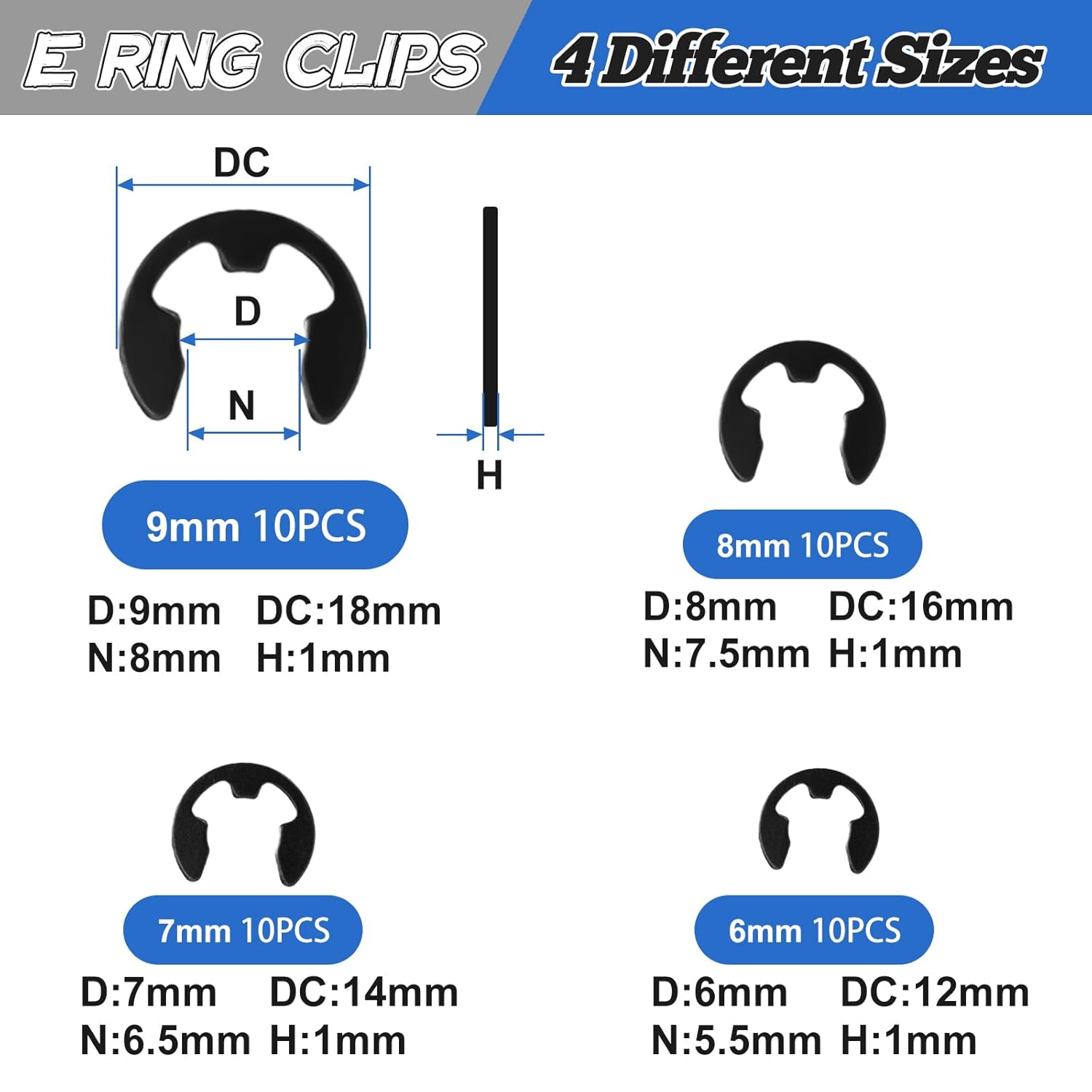 E Clips Assortment Kit With Removal and Installation Tool, 4 Sizes (6/7/8/9/mm) Snap Ring Kit & 40Pcs Retaining Rings for Bearing Fixation