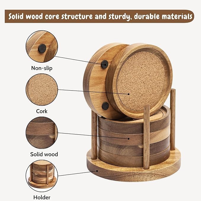 Miniatura 6 de Posavasos de madera para bebidas con soporte de madera, posavasos de madera con corcho para protección de mesa, posavasos para mesa de café,
