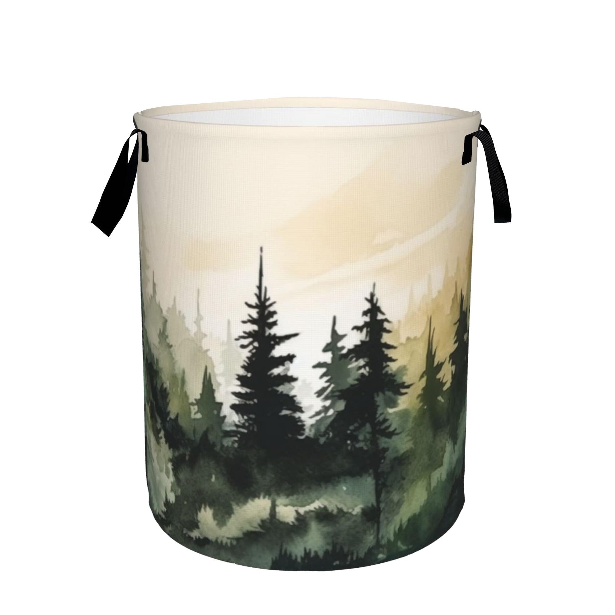 Mountain Forest Laundry Basket,Large Watercolor Landscape Laundry Hamper/Bathroom/Home Decor/Collapsible Round Storage Bin,Boys Girls Dirty Clothes Hamper/Boxes/Toys Storage 16x20 Inch