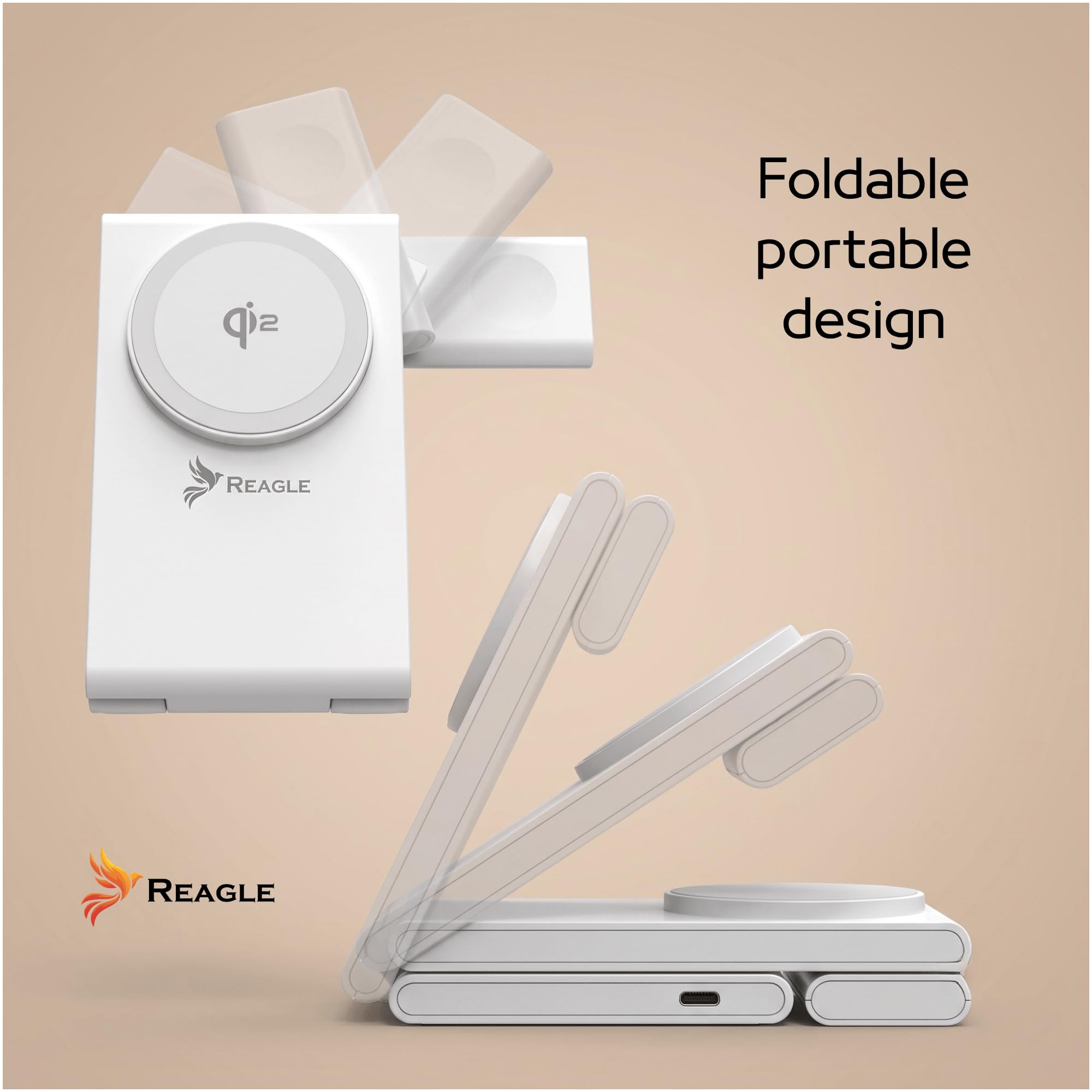 Reagle Ładowarka Bezprzewodowa Qi2 3w1 15W, Magnetyczna Składana Stacja Ładująca do iPhone 17/16/15/14/13/12, Apple Watch, AirPods, Samsung Galaxy i Pixel, Biała