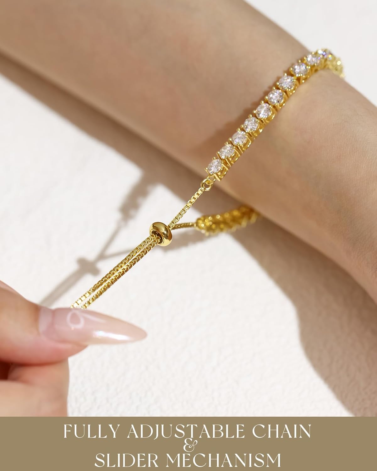 FANCIME Gold Moissanite Tennis Bracelet 1.2ct-12ct Lab Created Moissanite Diamond Bracelets,925 Sterling Silver Adjustable Bolo Tennis Bracelets, 2/3/4/5mm D Color VVS1 Round Cut Moissanite Bracelet for Women