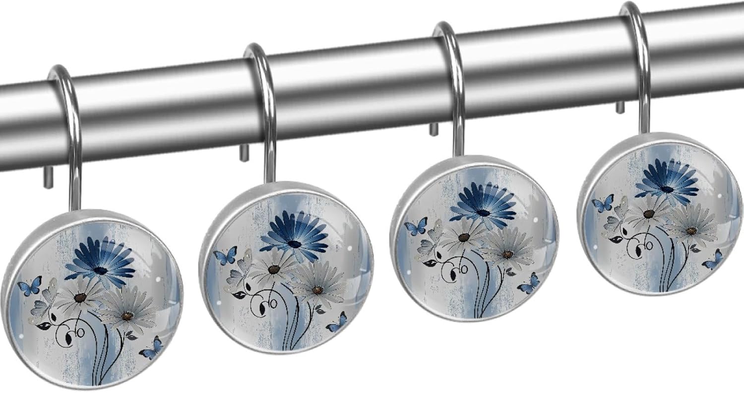 12 Pcs Farm Blue Daisy Butterfly on Country Wooden Shower Curtain Hooks, Decorative Shower Curtain Rings for Bathroom, Stainless Steel Rustproof Curtain Rings Hangers for Shower Curtain Rod