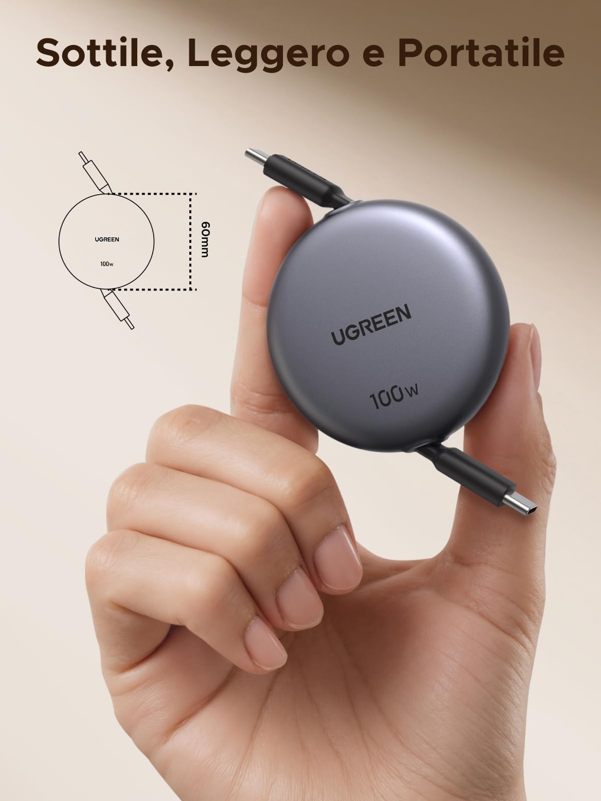 UGREEN 100W Cavo USB C Retrattile PD 3.0, Cable Type C Avvolgibile Ricarica Rapida, Compatibile con MacBook, iPad Air, iPhone 17 Pro Max Air/16/15 Plus Pro Max, Galaxy S25 S24, Pixel 10/9.Grigio