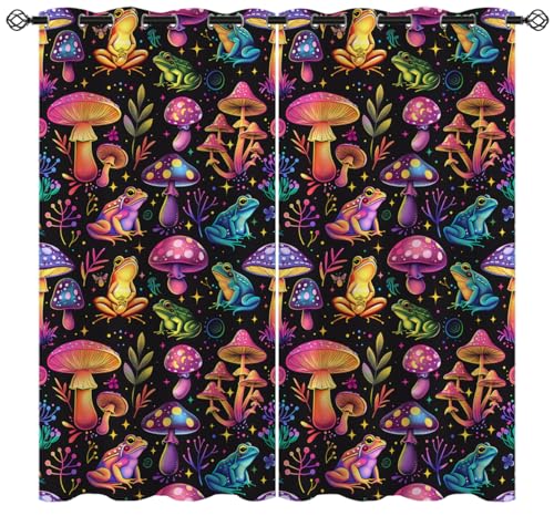 Neon Mushroom Blackout Curtains for Girls Boys Kids Home Decor, Hippie Frog Cute Colorful Fantasy Grommet Thermal Insulated Drapes Darkening Window Curtain for Bedroom Living Room, 55 x 63 Inch