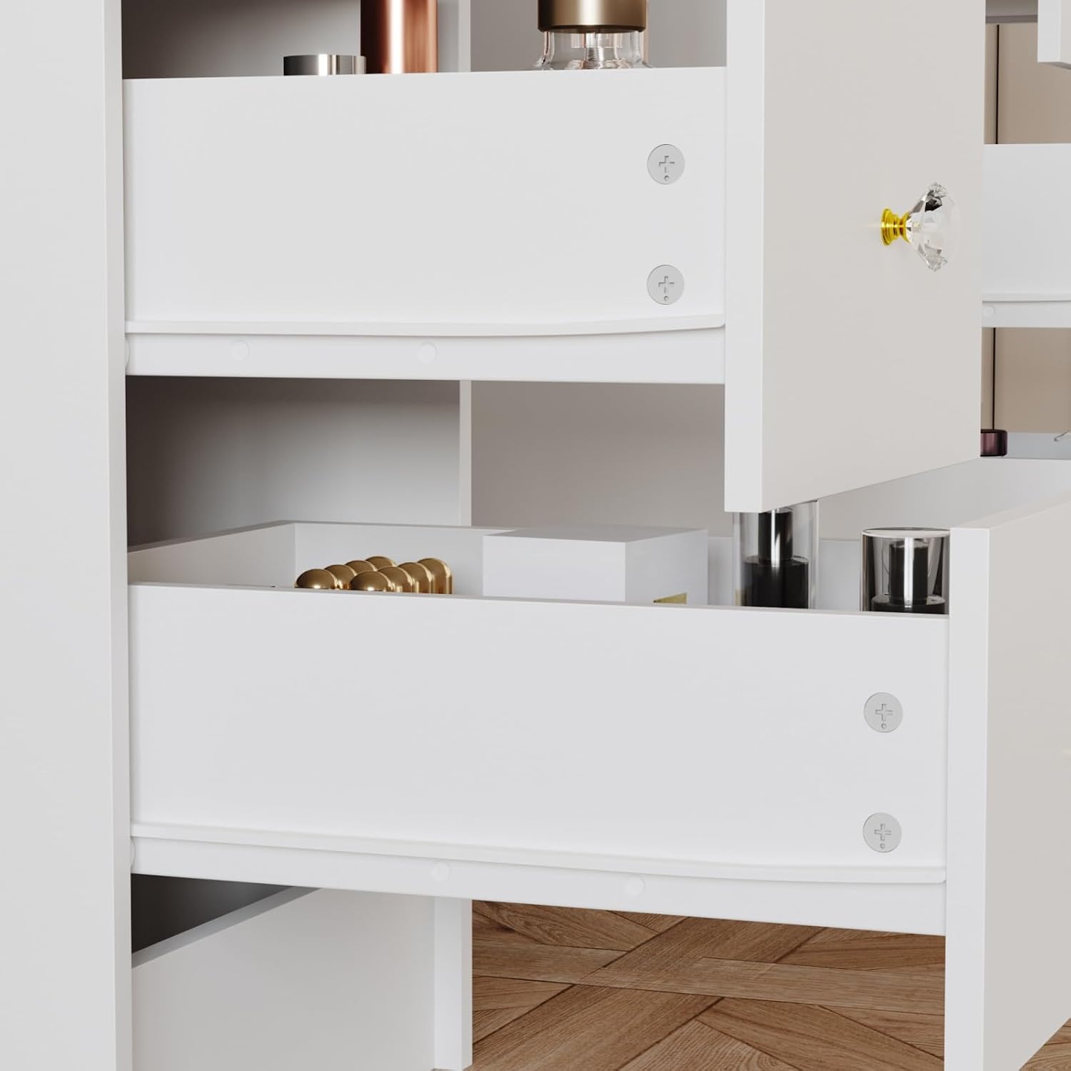 FUFU&GAGA Vanity Desk with Mirror and Lights, Large Makeup Vanity with 9 Drawers, Modern Dressing Table with Hidden Shelves for Bedroom, White, 43.3”W x 19.7”D x 53.6”H
