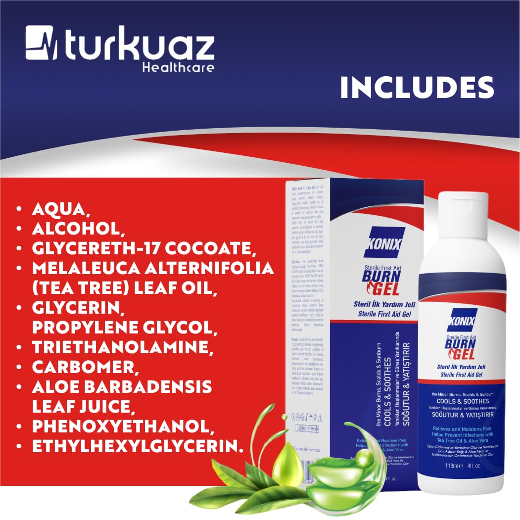 KONIX Sterile Erste-Hilfe-Verbrennungsgel Fast Relief Schutz Schnellhilfe-Gel für alle Arten von Brandverletzungen geeignet für alle Hauttypen Melaleuca, Aloe Vera 118 Ml