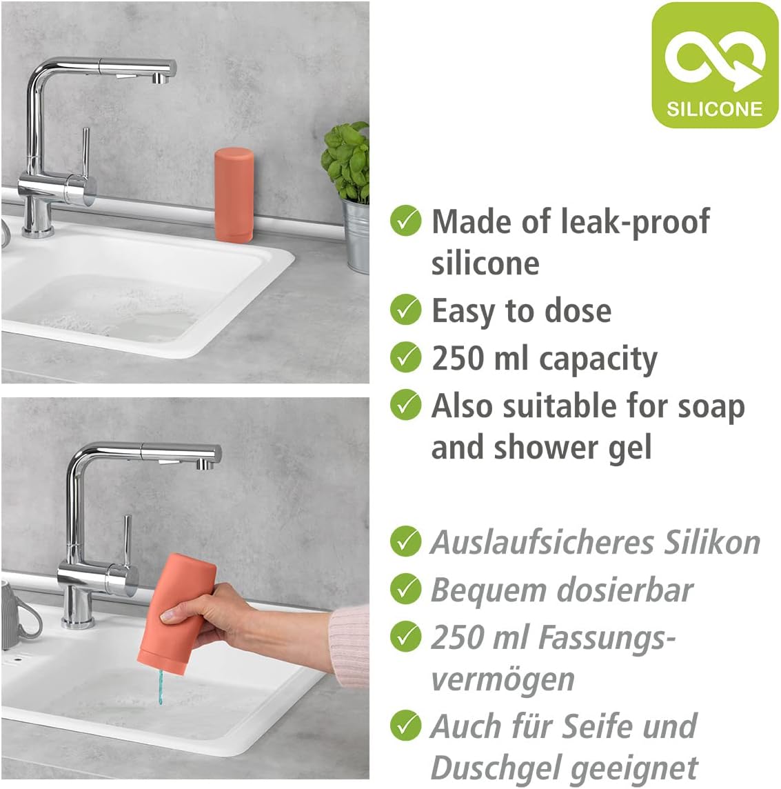 WENKO Easy Squeeze Dish Soap Dispenser for Kitchen Sink, Squeeze Bottle for Washing Up Liquid and Hand Soap, Round refillable Plastic Bottles, Easy to Fill and to use, 8.5 oz, Brick red