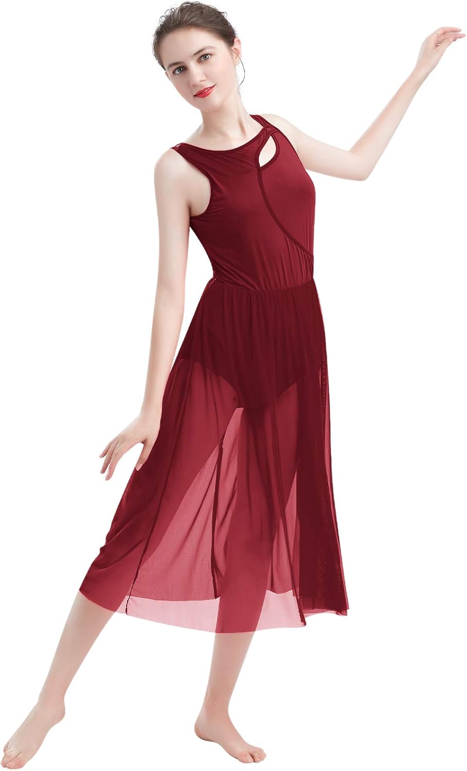 ODASDO Lyrical Dance Costumes for Women Contemporary Dancewear Sleeveless Cut Out Front Mesh Tulle Maxi Dress XS-XL - Image 4