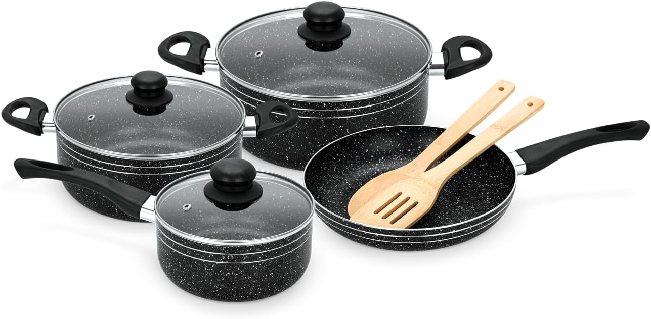 Royalford 9pcs Ritz Plus Cookware Set RF12514 Marble Coated and Press Aluminum Body, with Dot Induction Base, Bakelite Handles and Lid Casseroles, Saucepan, Bamboo Kitchen Tools and Fry Pan