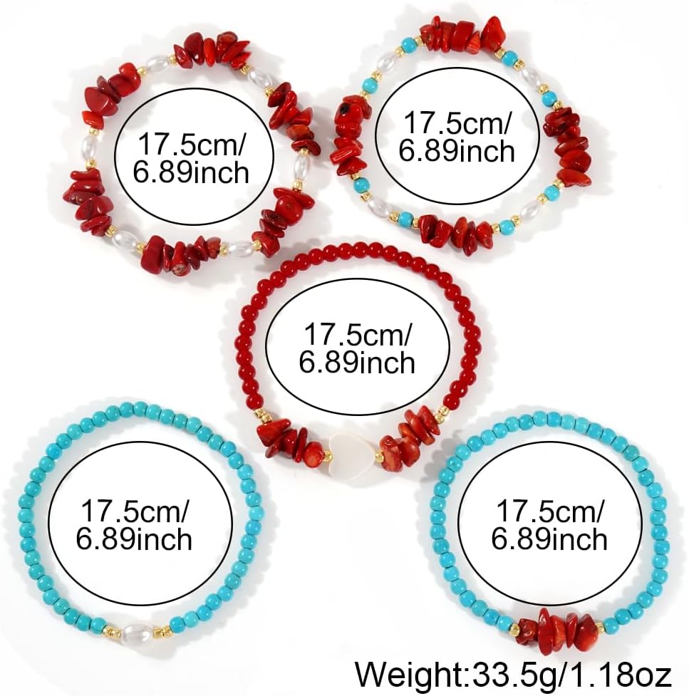 Red Jasper Turquoise Beads Stackable Elastic Bracelet for Women,5PCS/set Pearl White Heart Stack Bracelets Charm Accessories Fashion Jewelry Gifts - Image 8
