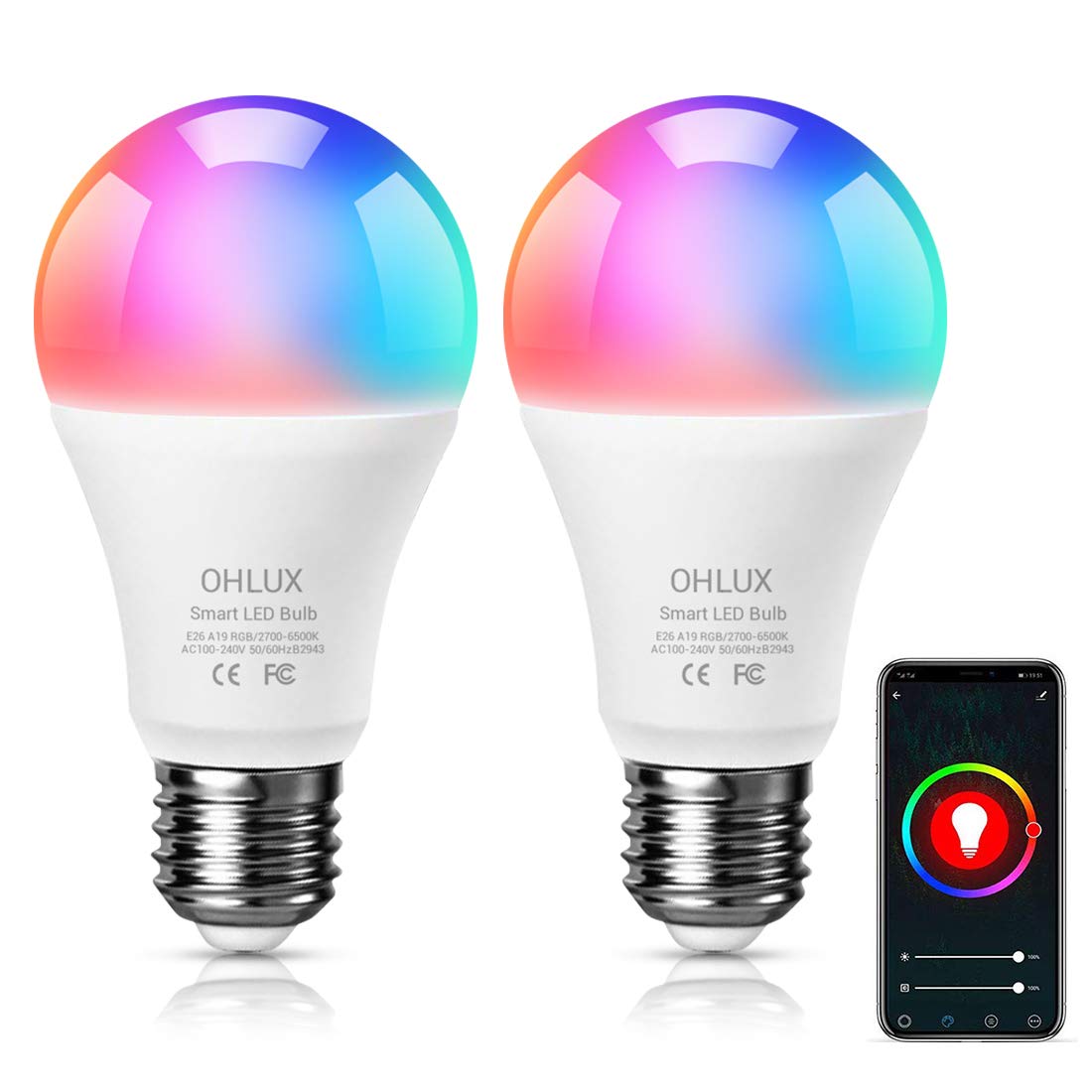 OHLUX Smart WiFi LED Light Bulb, Works with Alexa and Google Home Assistant (No Hub Required), RGBCW Multi Color Changing Bulb, A19 E26 7W(60W Equivalent), 2-Pack