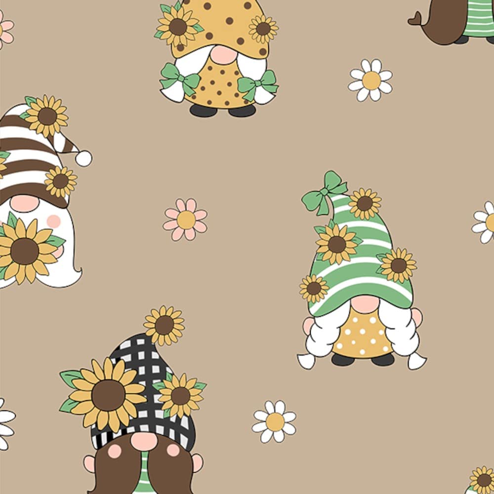 Polycotton Fabric Spring Gonks Garden Gnomes Sunflower Daisy Floral Flower (Price Per Metre) (Camel)