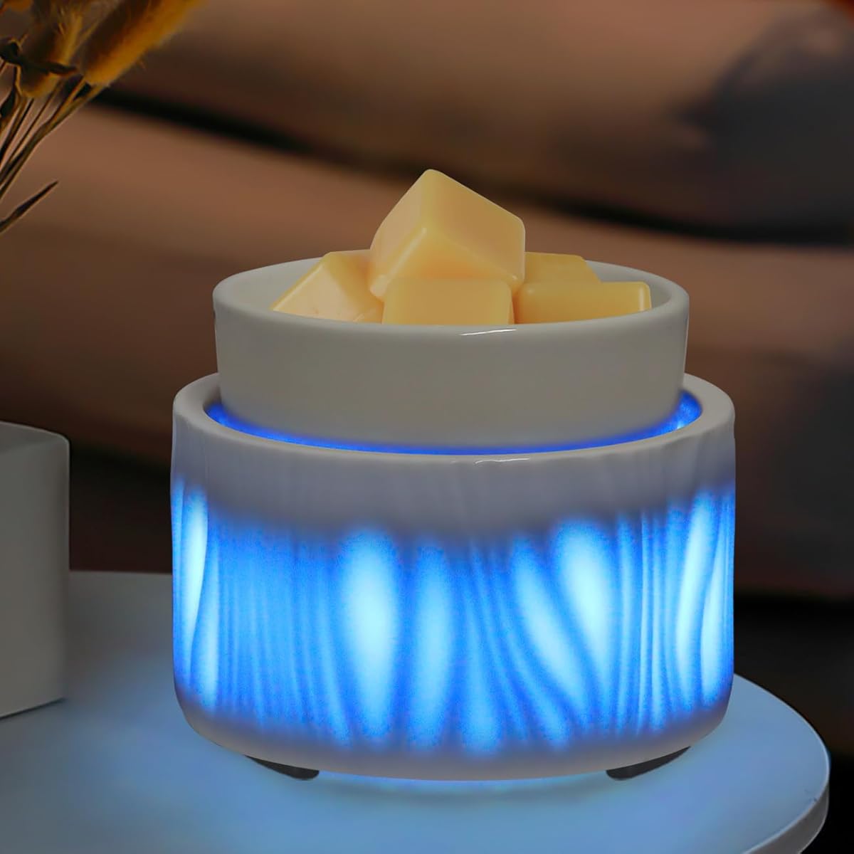 Ceramic Wax Melt Warmer for Scented Wax Warmer with 7 Colors LED Ambiance Light 3-in-1 Electric Fragrance Candle Burner for Home Office Deco Birthday Gifts for Women Girl Mom Daughter(White-03)