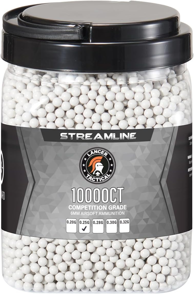 Lancer Tactical 10,000 Round 6mm Airsoft Pellets 0.20g-0.32g, Bucket Size Streamline Competition Grade BBS - Made in Taiwan