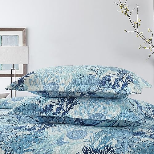 Autumn Dream Cotton Coastal Bedspread Quilt Sets Reversible Bedding Coverlet Sets Comforters, Fairytale Seaweed Blue Bedspread, Blue Ocean, Queen Size - Image 6