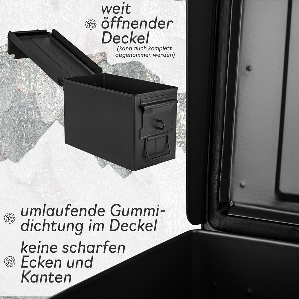 Trucky Ammo Box skrzynka na amunicję z zamkiem 31 x 16 x 19 cm, metalowa skrzynka na amunicję, pudełko do przechowywania z pokrywką, kolor czarny, metal